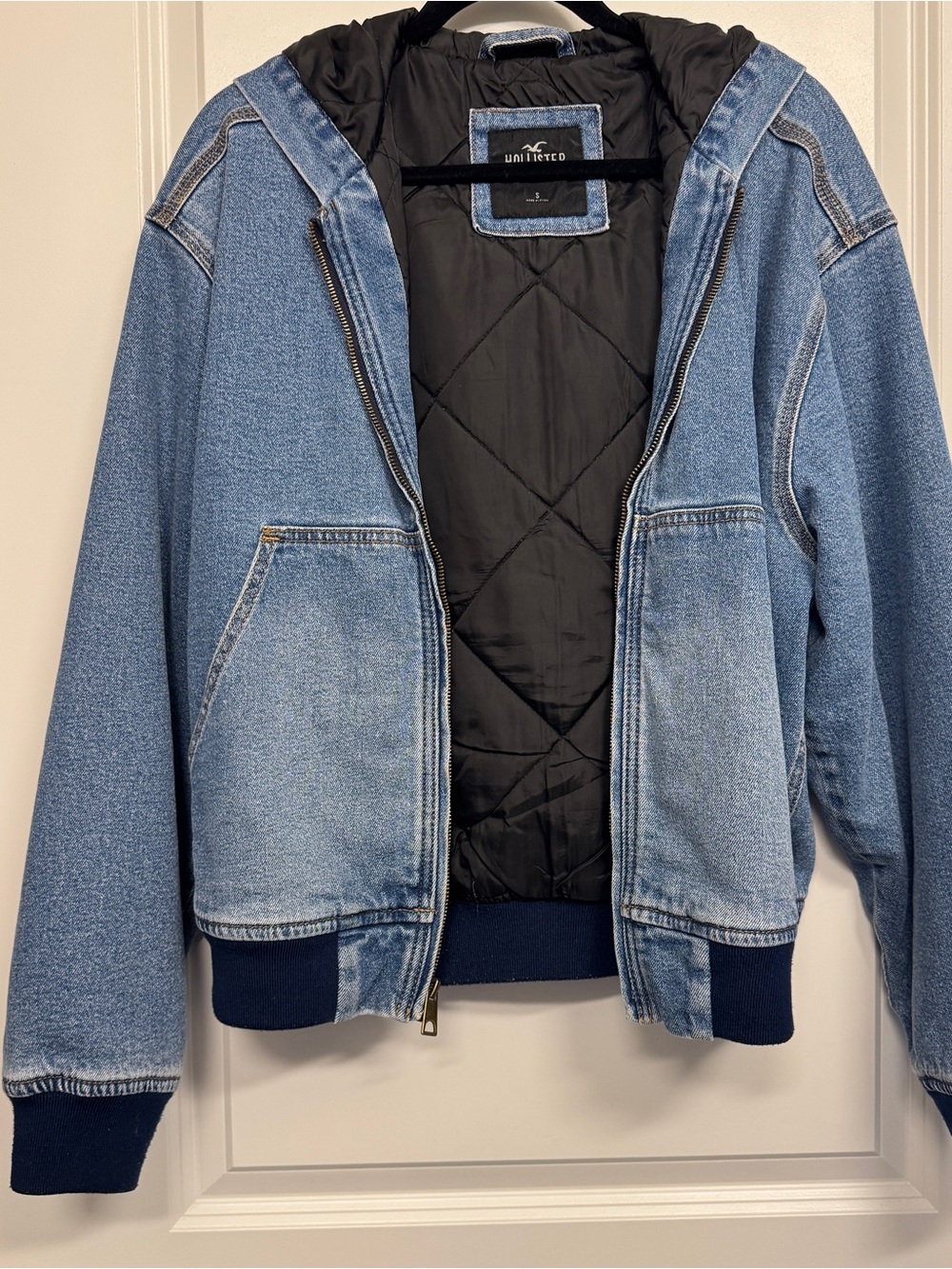 Hollister Light Blue Denim Hooded Jacket with Black Quilted Lining